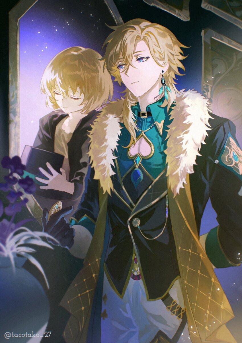 2boys aqua_shirt arm_behind_back artist_name aventurine_(honkai:_star_rail) black_collar black_gloves black_hat black_hoodie black_jacket black_vest blonde_hair blue_eyes brown_shirt child cleavage_cutout closed_eyes closed_mouth clothing_cutout club_(shape) collar collared_shirt commentary_request cowboy_shot crossed_bangs diamond_(shape) different_reflection dual_persona earrings fedora flower fur-trimmed_jacket fur_trim gloves gold_trim hair_between_eyes hand_up hands_up hat highres holding holding_unworn_clothes holding_unworn_hat honkai:_star_rail honkai_(series) hood hood_down hoodie jacket jewelry kakavasha_(honkai:_star_rail) light_particles light_smile long_sleeves male_focus mirror multicolored_eyes multiple_boys neck_tattoo open_clothes open_hoodie open_jacket pants parted_bangs picture_frame plant poker_chip purple_eyes reflection shirt short_hair single_earring smile standing tacotako tattoo twitter_username u_u unworn_hat unworn_headwear vase vest white_pants wing_collar