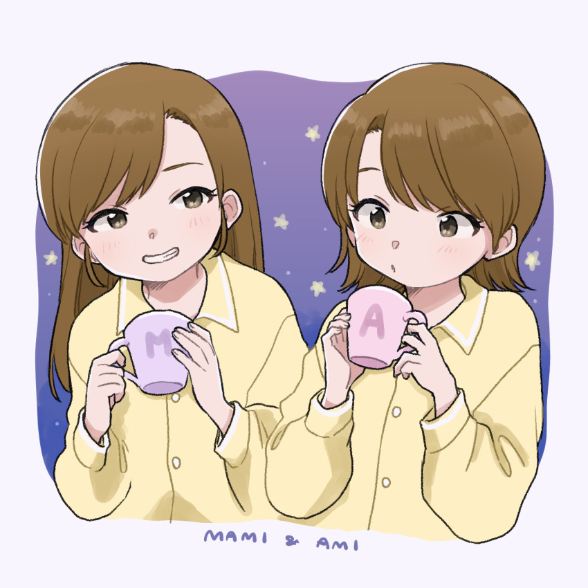 2girls brown_eyes brown_hair character_name commentary_request cropped_torso cup futami_ami futami_mami grin hair_down highres holding holding_cup idolmaster idolmaster_(classic) long_hair long_sleeves looking_at_another medium_hair mug multiple_girls naruse_ill pajamas parted_lips siblings sisters smile swept_bangs twins yellow_pajamas