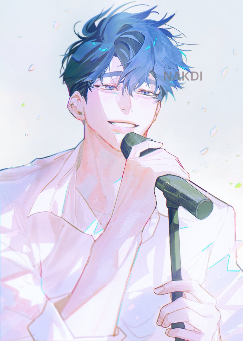 1boy blue_eyes blue_hair facing_viewer hair_between_eyes highres holding holding_microphone holding_microphone_stand idol k-pop male_focus microphone microphone_stand nakddidi plave shirt short_hair simple_background smile solo upper_body white_background white_shirt yejun_(plave)