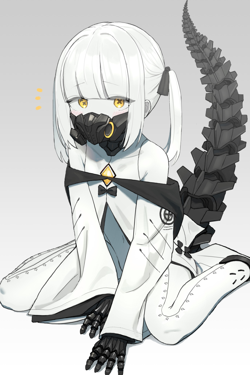 1girl absurdres black_mask black_tail blue_archive blush collarbone colored_skin dress ein_(blue_archive) gradient_background highres kabanoki long_sleeves looking_at_viewer mask mechanical_hands mechanical_tail medium_hair navel respirator sitting solo symbol-shaped_pupils tail twintails wariza white_dress white_hair white_skin wide_sleeves x-shaped_pupils yellow_eyes
