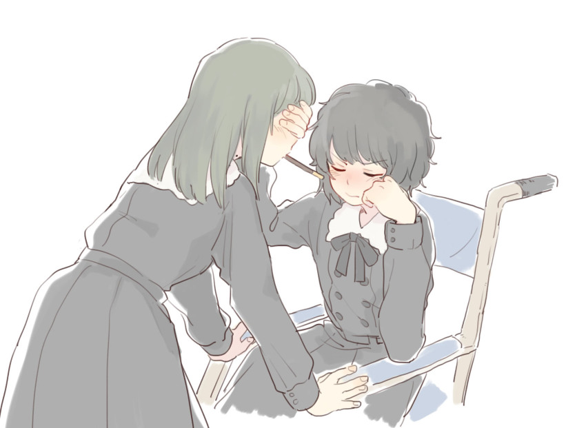 2girls black_hair blush closed_eyes covering_another&#039;s_eyes embarrassed flowers_(innocent_grey) food grabbing_another&#039;s_face green_hair head_grab keiya long_hair mole mole_on_neck multiple_girls pocky pocky_kiss ribbon school_uniform shared_food short_hair simple_background sitting takasaki_chidori wheelchair yaegaki_erika yuri