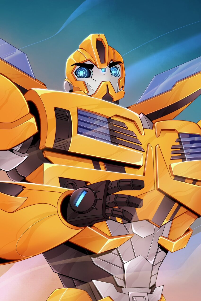 1boy blue_eyes bumblebee_(transformers) corporealbox highres humanoid_robot machine mecha mecha_focus mechanical_wings no_humans robot science_fiction transformers transformers_prime wings