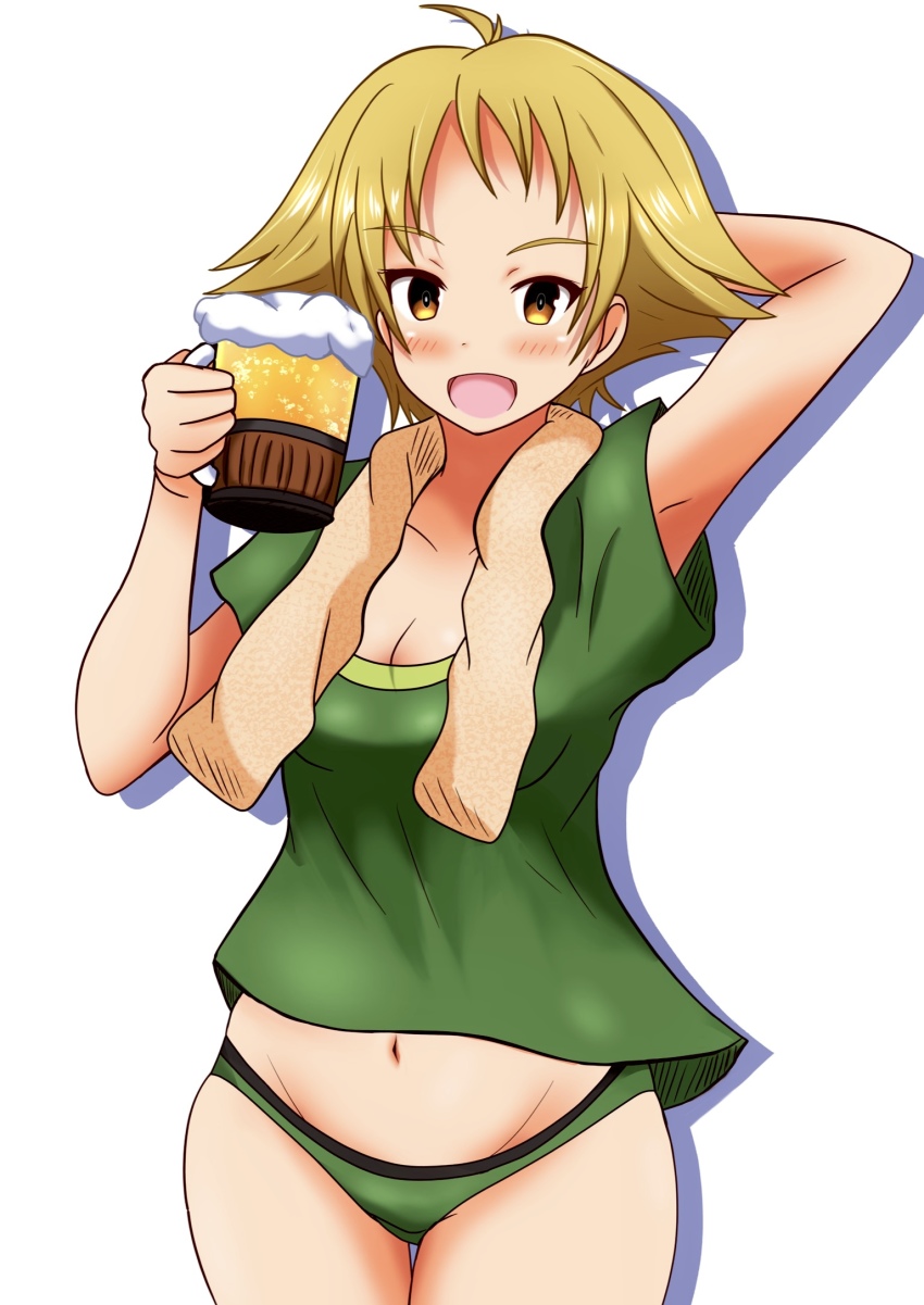 1girl alcohol arm_behind_head arm_up beer beer_mug blonde_hair breasts brown_eyes cleavage cowboy_shot crotch_seam cup erwin_(girls_und_panzer) girls_und_panzer green_panties green_shirt groin highres holding holding_cup looking_at_viewer medium_breasts meiya mug navel no_pants open_mouth panties pointy_hair shadow shirt short_hair short_sleeves simple_background smile solo standing t-shirt thigh_gap towel towel_around_neck underwear white_background