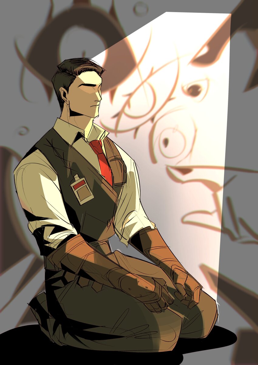 05_soleil 1boy absurdres black_hair black_vest collared_shirt doodle_inset faceless full_body gauntlets hair_slicked_back hands_on_legs highres id_card lcb_uniform_(project_moon) limbus_company male_focus meursault_(project_moon) necktie out_of_frame pointing project_moon red_necktie seiza shadow shirt sitting solo spotlight too_many_eyes vest white_background white_shirt