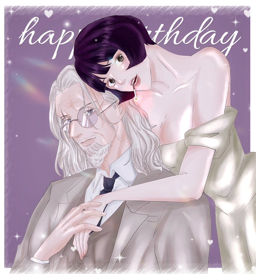 1boy 1girl bare_shoulders beard black_necktie blunt_bangs brown_eyes cigarette commentary_request cozouuuu dress facial_hair glasses happy_birthday heart highres jacket light_smile long_hair looking_at_viewer mustache necktie one_piece pink_nails purple_background purple_hair scar scar_across_eye scar_on_face shakuyaku_(one_piece) shirt short_hair silvers_rayleigh upper_body vest waistcoat white_hair white_shirt