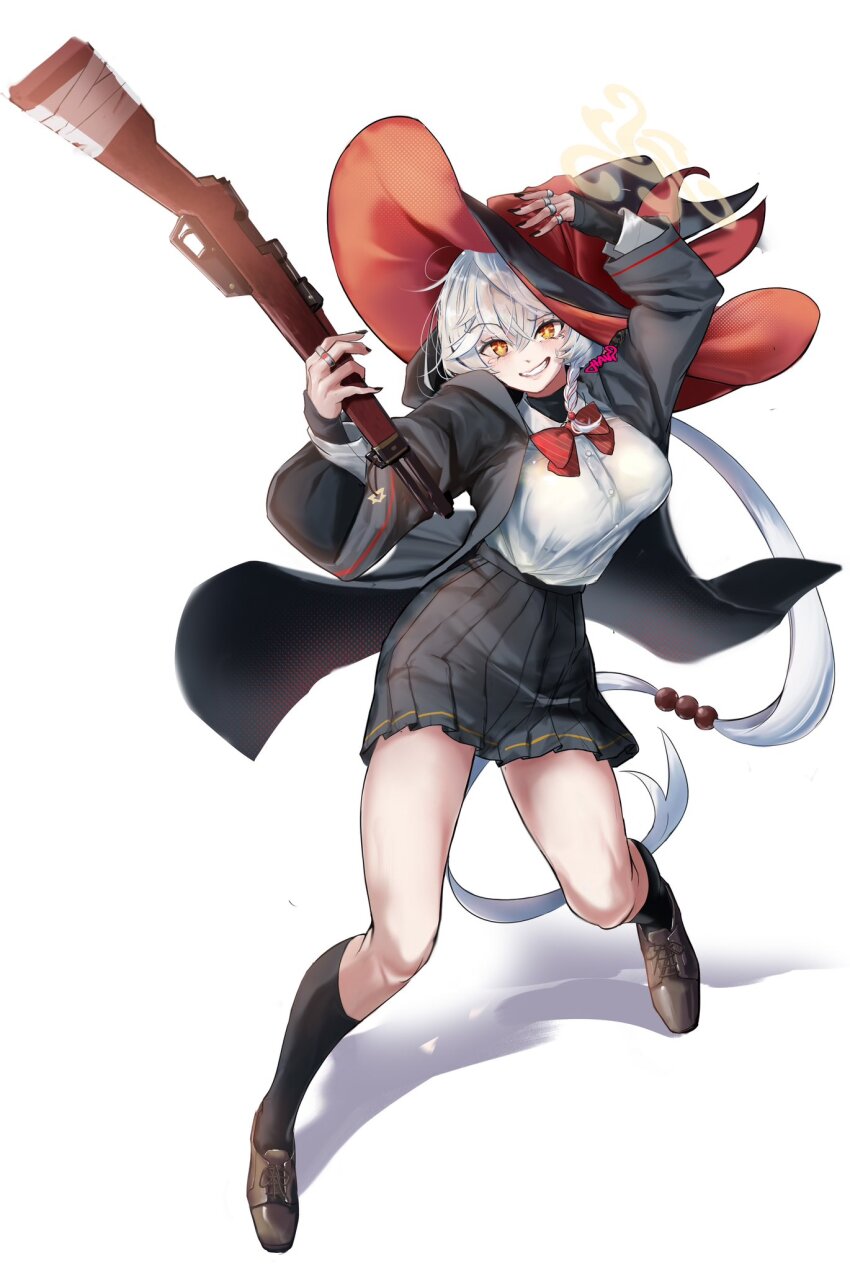 1girl blue_archive bow bowtie diagonal-striped_bow diagonal-striped_bowtie diagonal-striped_clothes eri_(blue_archive) full_body halo hat havi highres red_bow red_bowtie side_halo simple_background solo striped_bow striped_bowtie striped_clothes tilted_halo two-sided_fabric two-sided_headwear white_background witch_hat yellow_halo