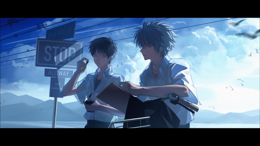 2boys absurdres arm_rest bird bird_on_power_lines black_hair black_pants brown_eyes cloud cloudy_sky collared_shirt daililidaylily digital_media_player earbuds earphones grey_hair hair_between_eyes highres ikari_shinji letterboxed looking_to_the_side male_focus mountainous_horizon multiple_boys nagisa_kaworu neon_genesis_evangelion no_parking_sign open_collar outdoors pants parted_lips power_lines road_sign shirt short_hair short_sleeves sideways_glance sign sky spiked_hair stop_sign upper_body white_shirt