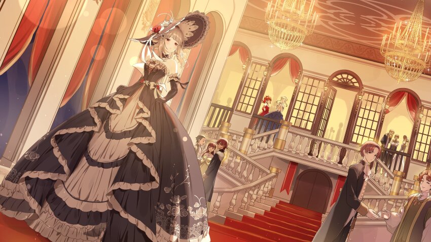 5girls 6+boys absurdres alternate_costume anna_(fire_emblem) aristocratic_clothes ballroom banner bare_shoulders black_choker black_dress black_gloves black_hat blue_dress blunt_bangs blurry bokeh breasts chandelier choker commission crowd curtains depth_of_field dress dutch_angle elbow_gloves fire_emblem fire_emblem_heroes flower flower_ornament gloves gown grey_hair hat hat_ribbon henriette_(fire_emblem) high_heels highres layered_dress looking_at_another medium_breasts multiple_boys multiple_girls narrow_waist naruse_u nintendo official_alternate_hairstyle railing red_dress red_eyes ribbon rose see-through_silhouette short_hair short_hair_with_long_locks sidelocks silhouette skirt_hold solo_focus stairs veronica_(fire_emblem) veronica_(princess_rising)_(fire_emblem) vgen_commission warm_colored