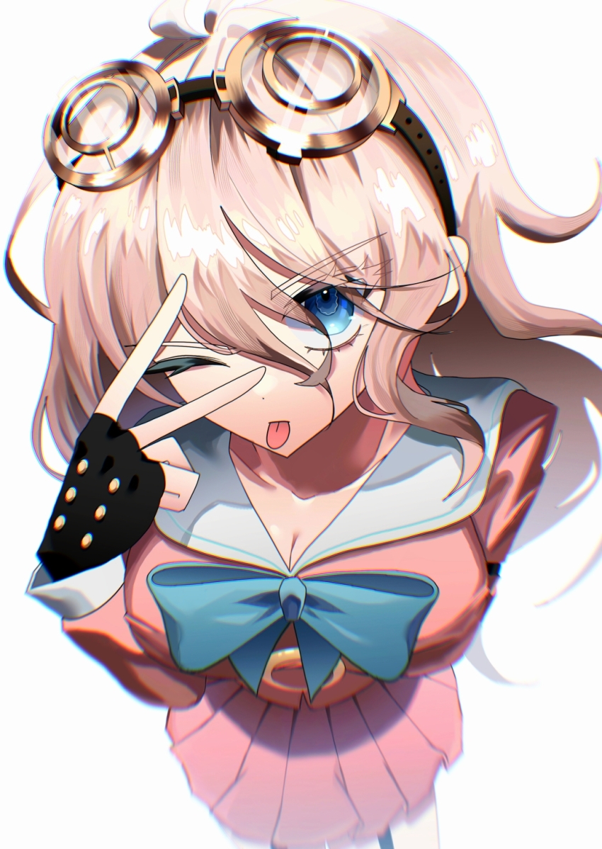 1girl antenna_hair blonde_hair blue_bow blue_eyes bow breasts cleavage commentary danganronpa_(series) danganronpa_v3:_killing_harmony eyelashes fingerless_gloves from_above gloves goggles goggles_on_head hair_between_eyes highres iruma_miu large_breasts long_hair long_sleeves looking_at_viewer lv_k1b0 one_eye_closed open_mouth perspective pink_serafuku pink_shirt school_uniform serafuku shirt skirt solo symbol-only_commentary tongue tongue_out v v_over_eye very_long_hair wavy_hair white_background