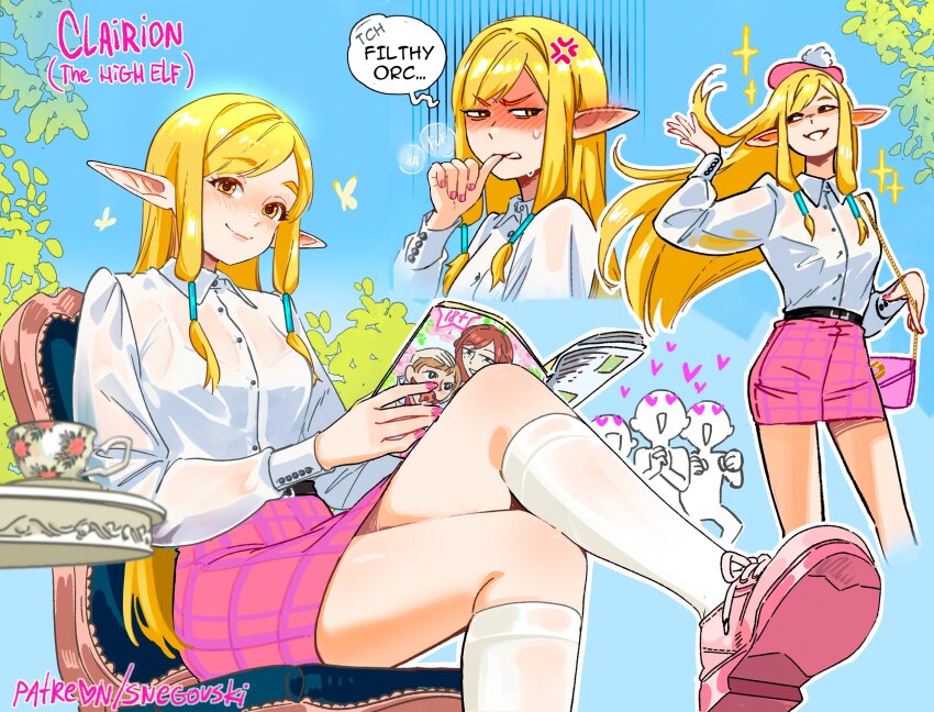 1girl anger_vein artist_name bag biting blonde_hair blue_sky brown_eyes chair character_name claire_(snegovski) crossed_legs cup day elf english_text handbag highres holding holding_magazine long_hair long_sidelocks magazine_(object) miniskirt multiple_views nail_biting original outdoors patreon_username pink_bag pink_nails pink_shoes pink_skirt plaid_clothes plaid_skirt pointy_ears shirt shoes sidelocks sitting skirt sky snegovski socks speech_bubble standing teacup white_shirt white_socks