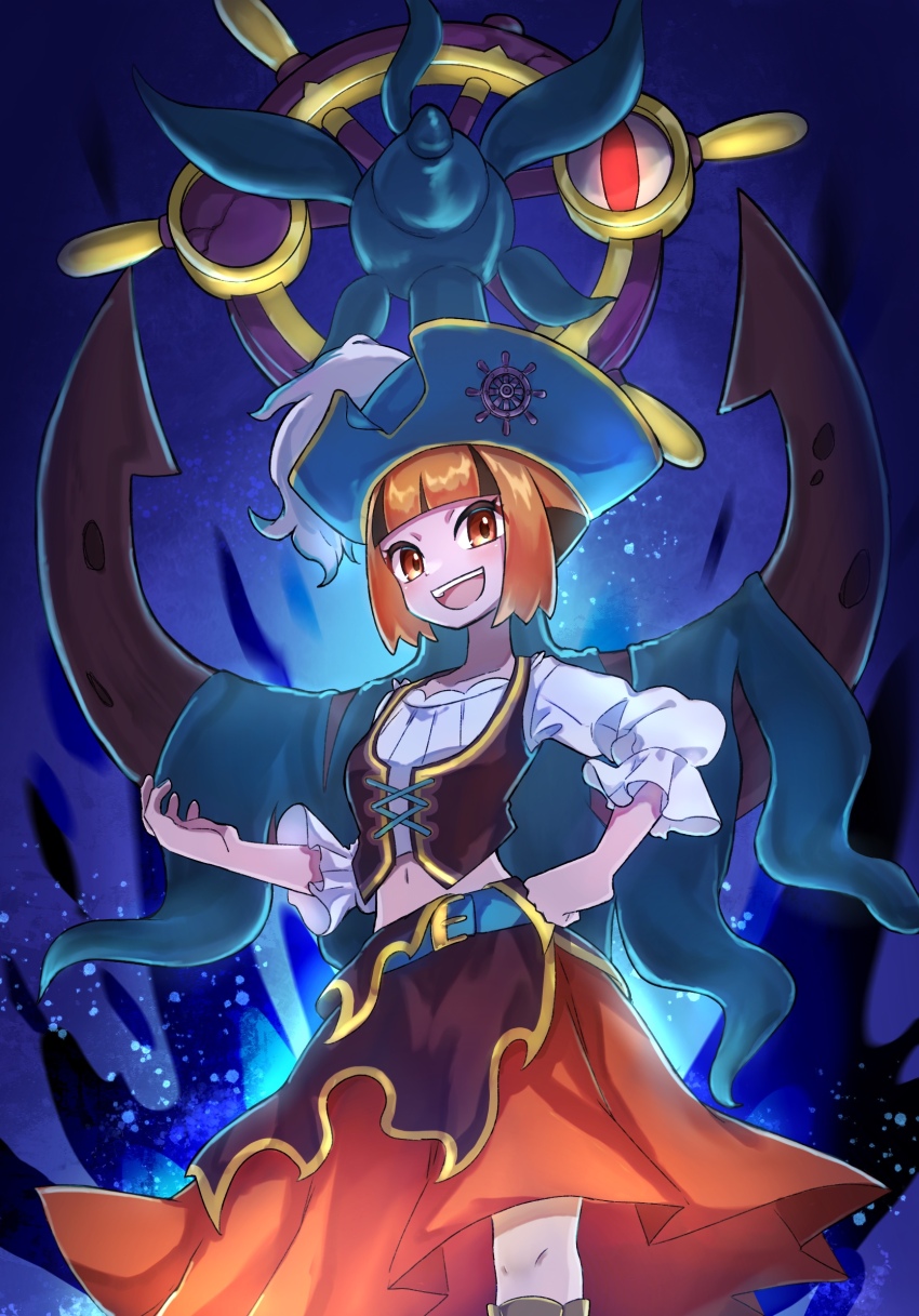 1girl anchor belt black_hair brown_eyes brown_hair brown_skirt crack cross-laced_clothes cross-laced_top dhelmise dress gardenia_(pokemon) gardenia_(summer_2024)_(pokemon) gen_7_pokemon green_belt green_hat hand_on_own_hip hand_up hat highres long_skirt long_sleeves looking_at_viewer midriff multicolored_hair navel nintendo official_alternate_costume one-eyed open_mouth orange_eyes orange_hair orange_skirt pirate pirate_costume pirate_hat pokemon pokemon_(creature) pokemon_masters_ex puffy_long_sleeves puffy_sleeves red_eyes rust sailor ship&#039;s_wheel ship&#039;s_wheel_ornament shirt short_hair sidelocks skirt smile two-tone_hair water white_shirt yubo_(yubo_san)