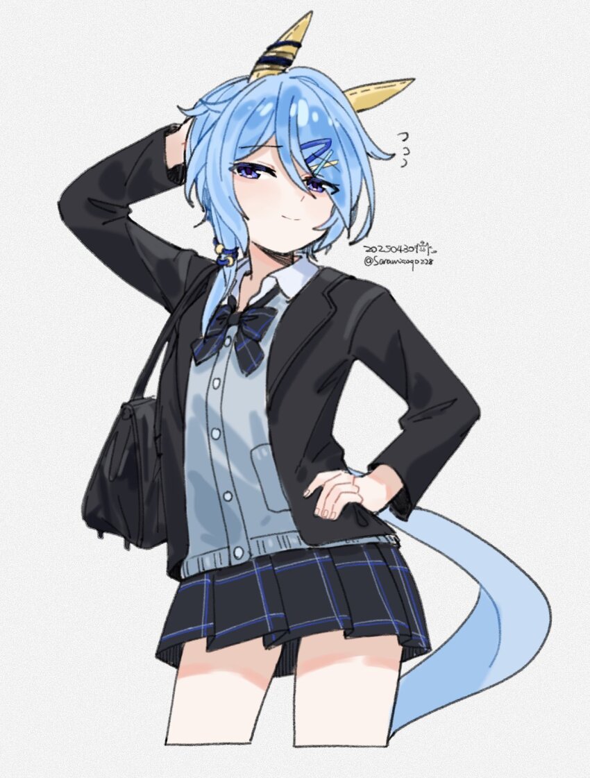 1girl animal_ears arm_up bag black_bow black_bowtie black_jacket black_skirt blue_hair bow bowtie collared_shirt cropped_legs dated ear_covers fingernails hand_on_own_hip highres horse_ears horse_girl horse_tail jacket k.s.miracle_(umamusume) light_smile looking_at_viewer purple_eyes saramiao-chan school_uniform shirt shoulder_bag simple_background skirt solo tail twitter_username umamusume white_background