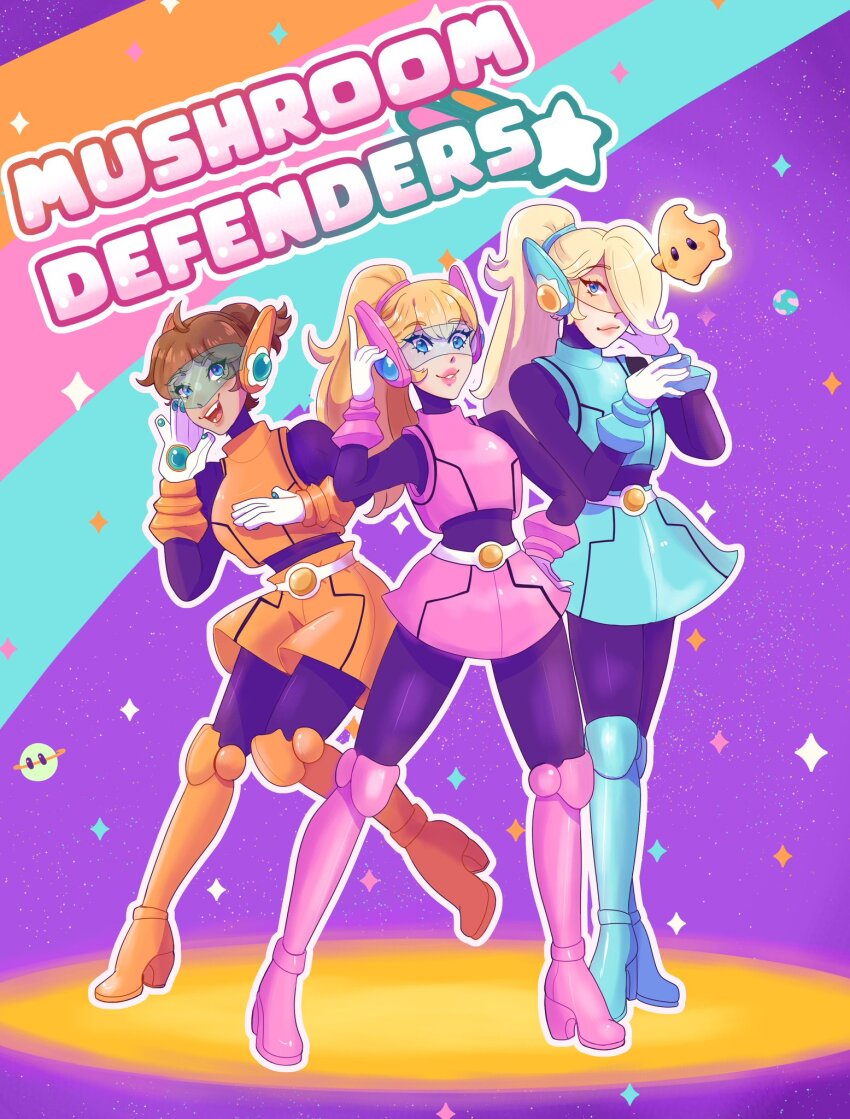 3girls a blonde_hair blue_eyes boots brown_hair cosplay full_body gloves grin h_(letter) hair_over_one_eye hand_on_own_hip highres lipstick long_hair looking_at_viewer luma_(mario) makeup mario_(series) mighty_peach multiple_girls nintendo ponytail princess_daisy princess_peach princess_peach:_showtime! princess_peach_(cosplay) rosalina skirt smile standing sunglasses