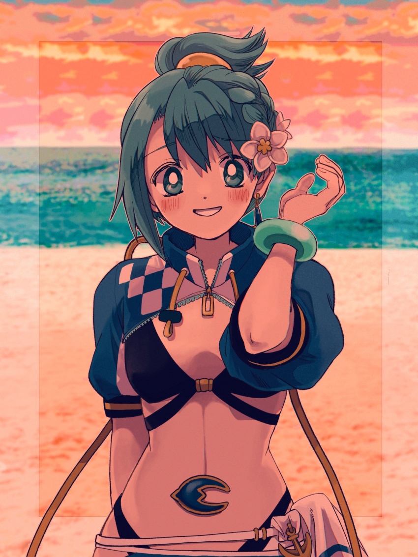1girl anchor_symbol arm_at_side arm_behind_back beach bikini black_bikini blue_eyes blue_gemstone blue_hair blue_jacket blush border bracelet braid cloud dot_nose drawstring earrings flower gem grin hair_flower hair_ornament hand_up highres jacket jewelry looking_at_viewer magia_record:_mahou_shoujo_madoka_magica_gaiden mahou_shoujo_madoka_magica miki_sayaka miki_sayaka_(surfer_ver.) multi-strapped_bikini ponytail sand short_hair short_sleeves shrug_(clothing) side_braid single_earring single_sidelock smile solo stomach_jewel sunset swept_bangs swimsuit transparent_border upper_body uwded_207 water white_flower zipper
