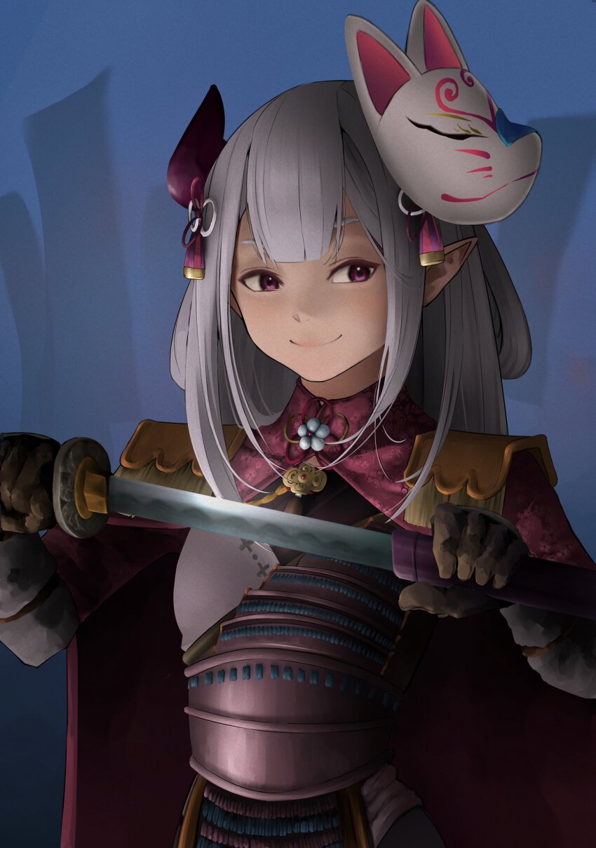 1girl alternate_costume armor banner blurry blurry_background brown_gloves cloak closed_mouth commentary_request double-parted_bangs epaulettes floral_print flower_knot fox_mask gloves grey_hair hands_up highres holding holding_sword holding_weapon horns japanese_armor katana long_hair looking_to_the_side mask mask_on_head naraka_(nijisanji) nijisanji nobori ohsoto_uzmaki pointy_ears print_cloak purple_armor purple_cloak purple_eyes purple_horns sheath smile smug solo sword unsheathing upper_body virtual_youtuber weapon white_mask