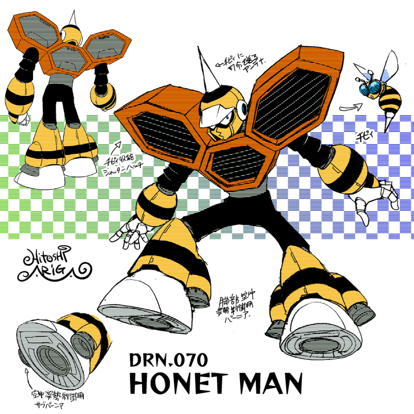 1boy :o android antennae ariga_hitoshi armor arrow_(symbol) artist_name belt black_bodysuit blue_background blue_eyes bodysuit boots character_name checkered_background chest_armor clenched_hand commentary_request concept_art from_behind full_body gloves gradient_background green_background grey_belt helmet highres honeycomb_(pattern) hornet_man joints knee_boots leaning_forward looking_ahead looking_at_viewer male_focus mega_man_(classic) mega_man_(series) mega_man_9 mega_man_megamix multiple_views no_humans no_mouth orange_armor outstretched_arms reference_sheet robot robot_ears robot_joints scanlines shoe_soles signature simple_background spiked_helmet spread_arms standing stinger striped_clothes striped_headwear translation_request turnaround visor_cap wasp white_background white_gloves yellow_armor yellow_boots