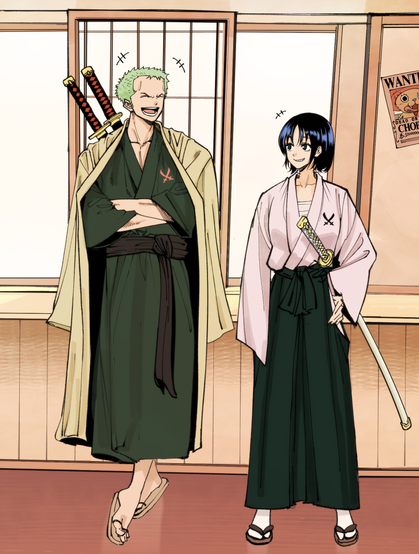 1boy 1girl commentary crossed_arms full_body green_hair hakama hand_on_own_hip highres indoors japanese_clothes nadainishi one_piece open_mouth roronoa_zoro sandals sash shimotsuki_kuina short_hair socks sword sword_on_back wanted_poster weapon weapon_on_back white_socks wide_sleeves