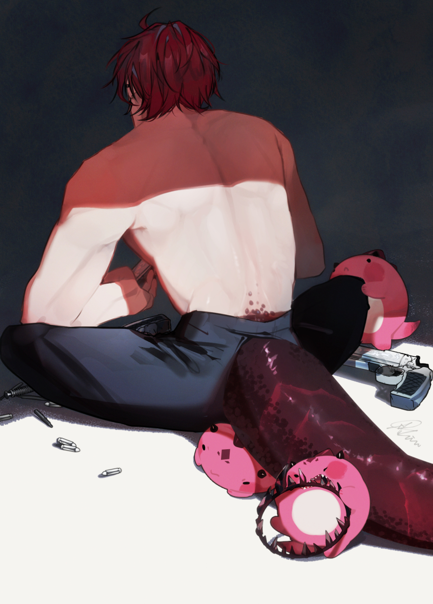 1boy 20chinn back black_crown black_pants bullet commentary crown dinosaur_tail dress_pants from_behind gun handgun highres holostars holostars_english jurard_t_rexford male_focus pants red_hair scales shadow short_hair signature sitting solo sorawrity_(jurard_t_rexford) symbol-only_commentary tail topless_male unworn_crown virtual_youtuber weapon