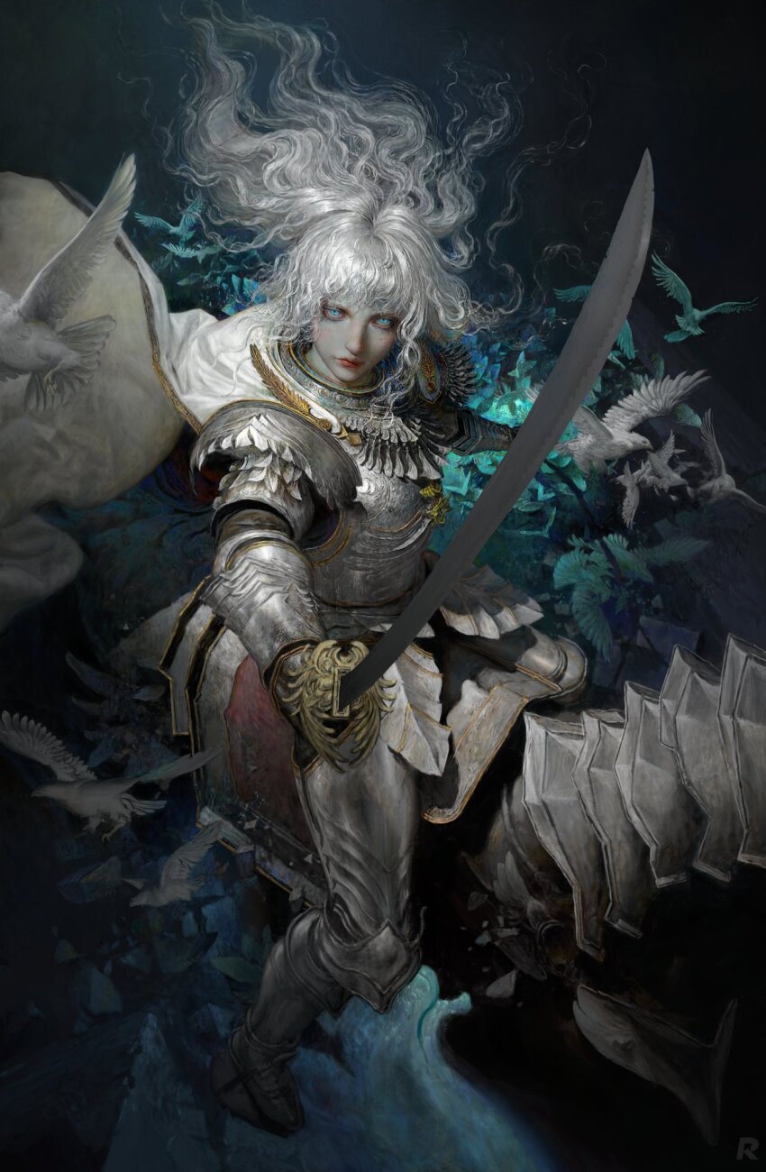 1boy animal armor armored_boots berserk bird blue_eyes boots breastplate cape closed_mouth faulds fighting_stance floating_cape floating_hair full_armor full_body gauntlets gorget greaves griffith_(berserk) highres holding holding_sword holding_weapon horse horseback_riding knight lips long_hair looking_at_viewer male_focus outstretched_arm pauldrons plate_armor realistic red_lips riding ruanjia shoulder_armor solo sword underwater vambraces wavy_hair weapon white_cape white_hair