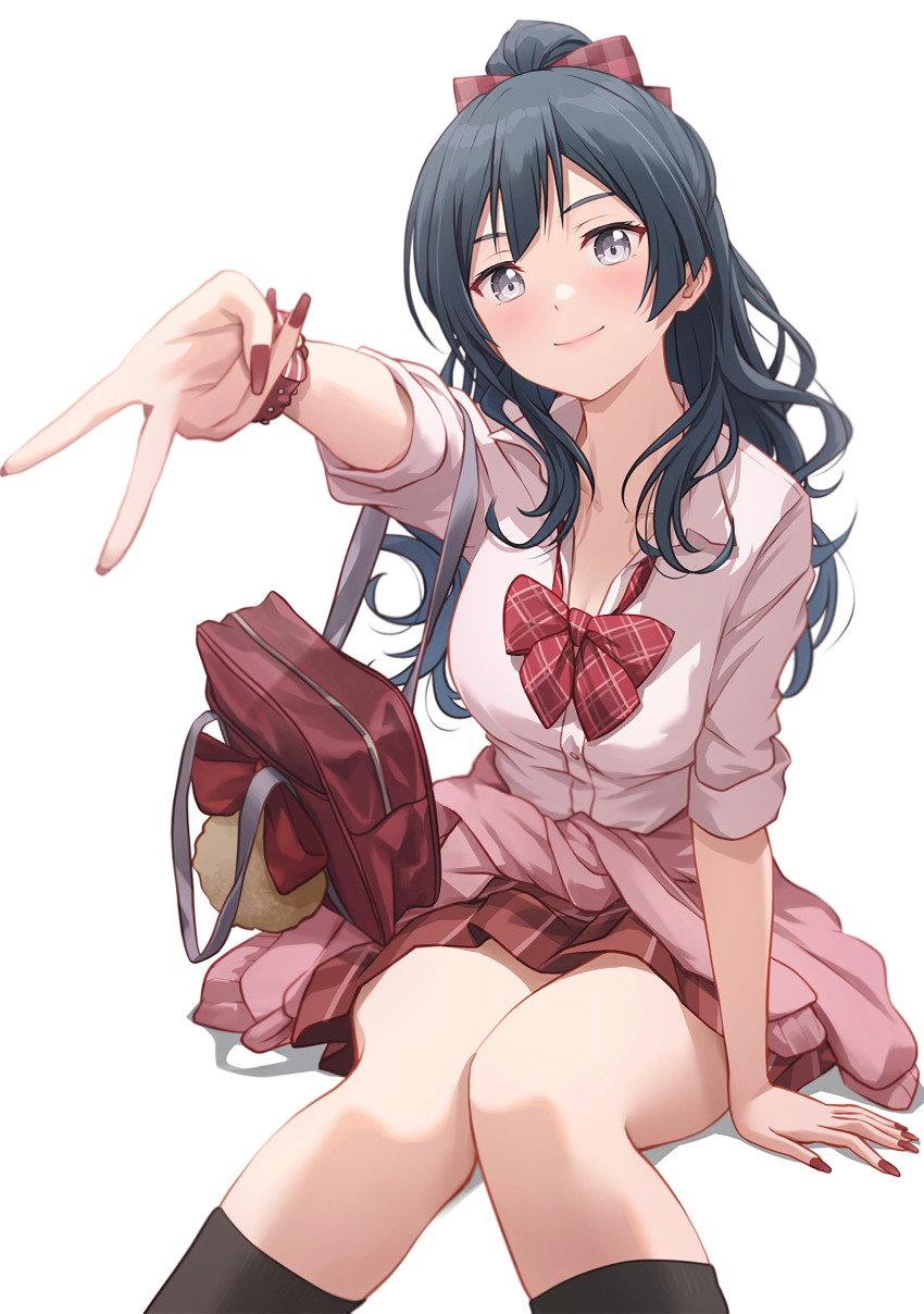 1girl absurdres bag blush bow bowtie breasts cleavage closed_mouth clothes_around_waist collared_shirt dress_shirt feet_out_of_frame gingham_bow grey_eyes gyaru gyaru_v gyarugasaki hair_bow hair_bun highres incredibly_absurdres jacket jacket_around_waist kogal long_hair looking_at_viewer loose_bowtie love_live! love_live!_nijigasaki_high_school_idol_club medium_breasts miniskirt nail_polish non-web_source official_alternate_costume official_alternate_hairstyle pink_shirt plaid_bow plaid_bowtie plaid_clothes plaid_skirt pleated_skirt red_bow red_bowtie red_nails red_skirt school_uniform shamakho shirt shoulder_bag signature simple_background single_hair_bun sitting skirt smile solo third-party_edit v wavy_hair white_background yuki_setsuna
