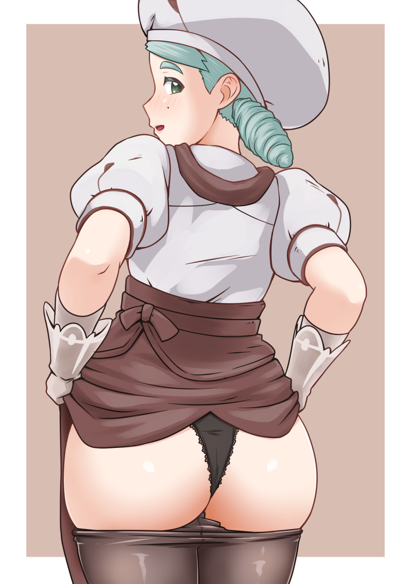 1girl ass black_panties blush border brown_background brown_skirt clothes_lift clothes_pull commentary_request gloves goriate green_eyes green_hair hat highres katy_(pokemon) looking_at_viewer looking_back nintendo open_mouth panties pantyhose pantyhose_pull pokemon pokemon_sv shiny_skin shirt short_sleeves skirt skirt_lift solo underwear white_border white_hat white_shirt