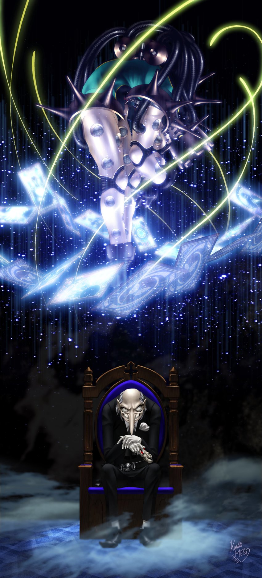 1boy absurdres bald card card_(medium) chair dated fog formal_clothes gloves grin highres hunchback igor_(persona) kazuma_kaneko long_nose male_focus official_art own_hands_together persona persona_2 shiraishi_megumi_(colorist) signature sitting smile suit tarot tarot_(medium) third-party_source velvet_room vulcanus_(persona_2) white_gloves