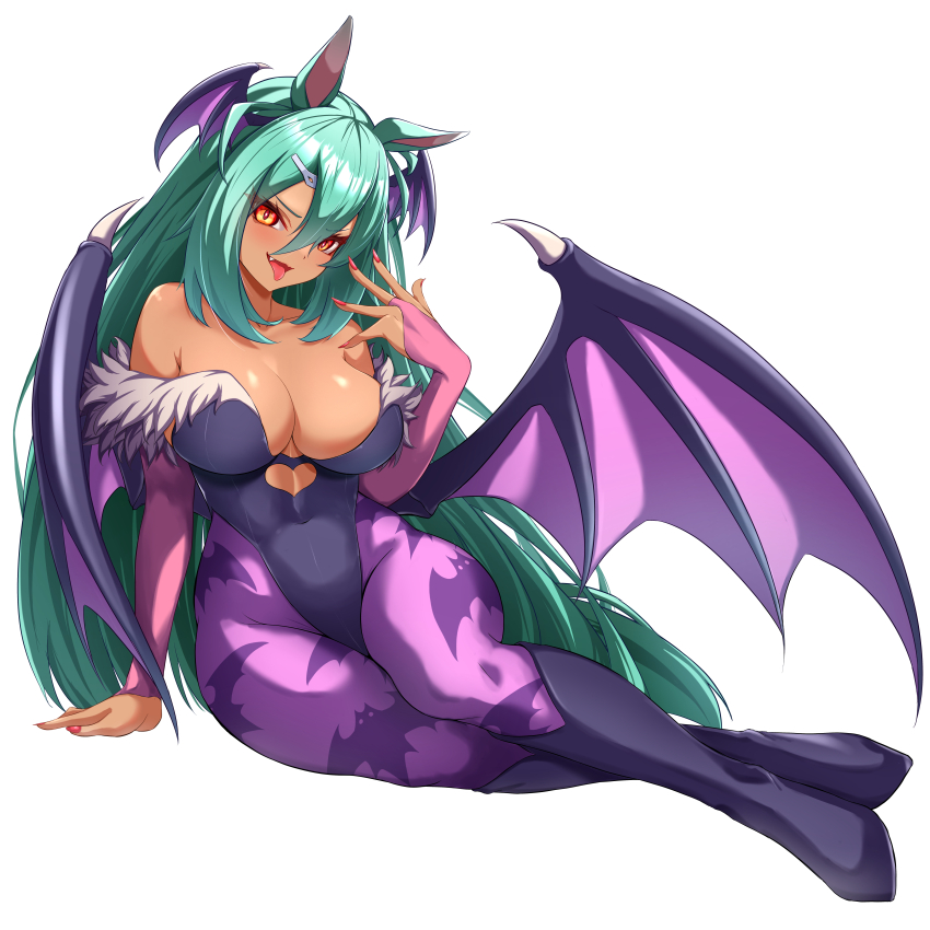 1girl absurdres alternate_costume animal_ears animal_print bare_shoulders bat_print black_leotard boots breasts bridal_gauntlets cleavage commentary_request cosplay dark-skinned_female dark_skin darkstalkers eve_on_k fang full_body green_hair hair_between_eyes hair_ornament hairclip head_wings highleg highleg_leotard highres hishi_amazon_(umamusume) horse_ears horse_girl horse_tail large_breasts leotard long_hair morrigan_aensland morrigan_aensland_(cosplay) purple_boots purple_bridal_gauntlets red_eyes red_nails sidelocks simple_background sitting smile solo strapless strapless_leotard tail tongue tongue_out umamusume white_background wings yokozuwari