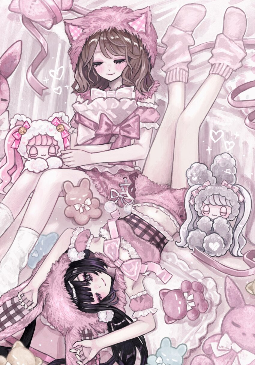 2girls animal_ear_hood arms_up bed black_hair blush bow brown_hair closed_eyes closed_mouth commentary crop_top detached_sleeves fake_animal_ears full_body hair_between_eyes highres hood leg_warmers looking_at_viewer min_(mts2314) multiple_girls on_floor one_eye_closed original pink_bow pink_hood pink_leg_warmers pink_shirt pink_shorts pink_socks shirt short_sleeves shorts sitting smile socks stuffed_toy upside-down