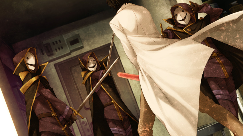 1boy 3others aiming black_cape black_gloves black_hair black_hood brown_pants cape coat door dutch_angle facing_another fighting_stance from_behind game_cg gloves gold_trim high_collar highres holding holding_sword holding_toy holding_weapon hood huke indoors lab_coat lapels leather_belt long_sleeves mask messy_hair multiple_others non-web_source notched_lapels official_art okabe_rintarou pants pointing_melee_weapon pointing_sword purple_pants purple_shirt shirt spread_legs steins;gate steins;gate:_linear_bounded_phenogram sunset sword toy weapon white_coat yellow_trim