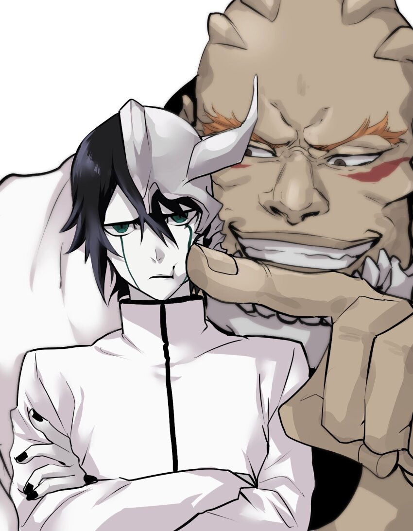 2boys arrancar bald black_hair black_nails bleach broken_helmet broken_mask brown_eyes cheek_poking colored_skin crossed_arms facial_mark green_eyes hair_between_eyes high_collar highres hishui_prpr hole_in_chest hole_on_body looking_at_another looking_at_viewer male_focus mask multiple_boys poking shirt size_difference slit_pupils smile ulquiorra_cifer white_shirt white_skin yammy_llargo