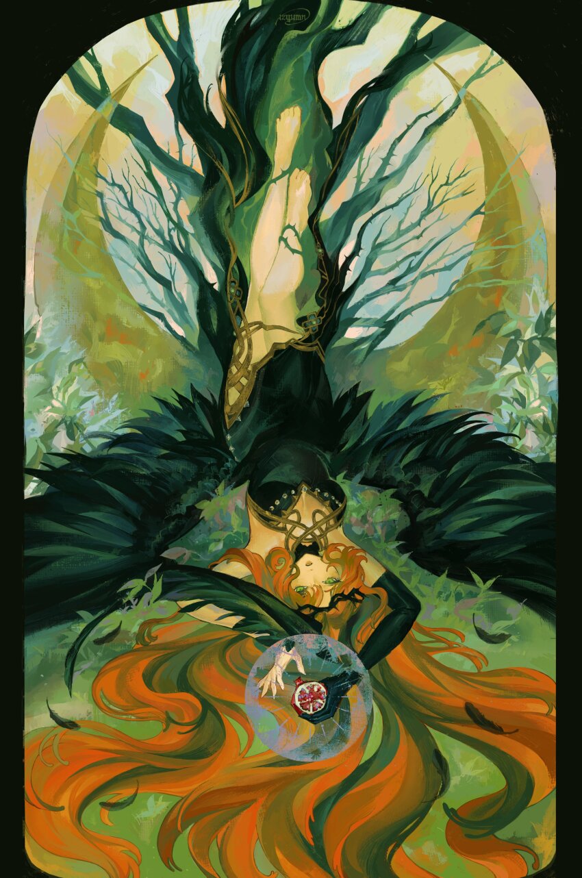 1girl absurdres arms_up bare_legs barefoot black_border black_dress black_gloves border crescent dress druvis_iii druvis_iii_(shrouded_in_thorns) elbow_gloves food fruit full_body gloves green_eyes hair_spread_out highres holding holding_food holding_fruit izyumn leg_up legs_up long_dress long_hair lying official_alternate_costume on_back on_grass orange_hair plant reverse:1999 single_glove sleeveless sleeveless_dress solo thorns upside-down very_long_hair