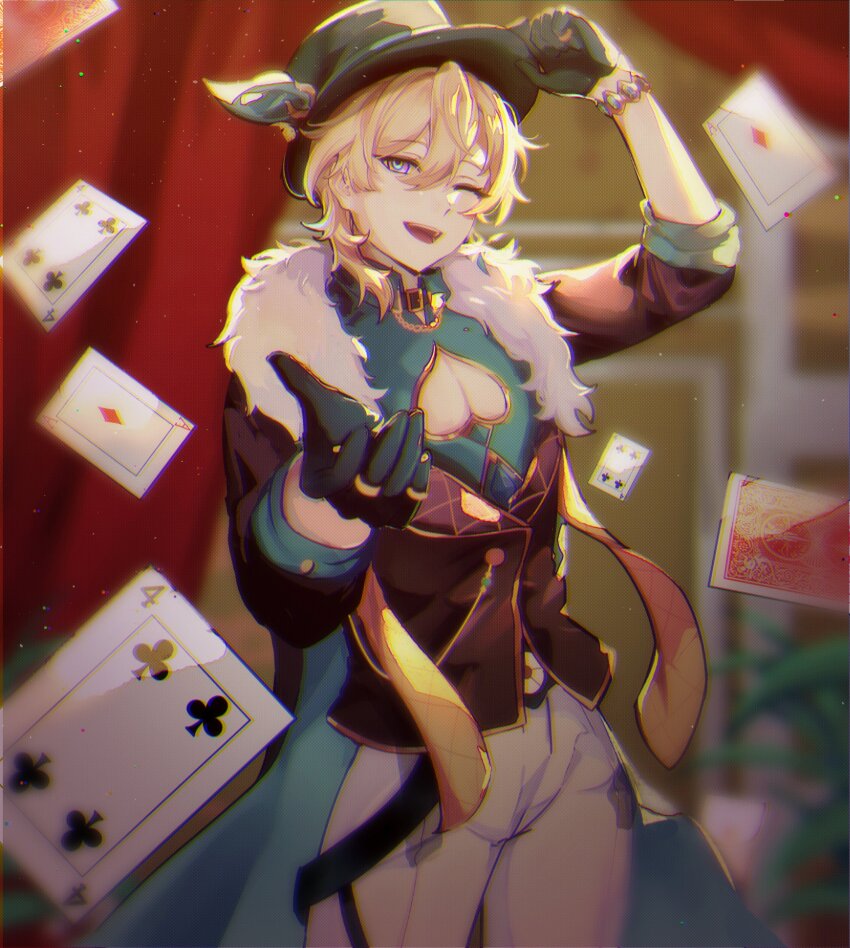 1boy ;d absurdres ace_(playing_card) ace_of_diamonds adjusting_clothes adjusting_headwear aqua_shirt aventurine_(honkai:_star_rail) black_gloves black_hat black_jacket blonde_hair blurry blurry_background card collared_shirt cowboy_shot curtains diamond_(shape) evuu four_of_clubs gloves hair_between_eyes hand_on_headwear hands_up hat highres honkai:_star_rail honkai_(series) jacket male_focus one_eye_closed open_mouth outstretched_hand pants playing_card purple_eyes shirt short_hair smile solo spade_cutout stage_curtains white_pants