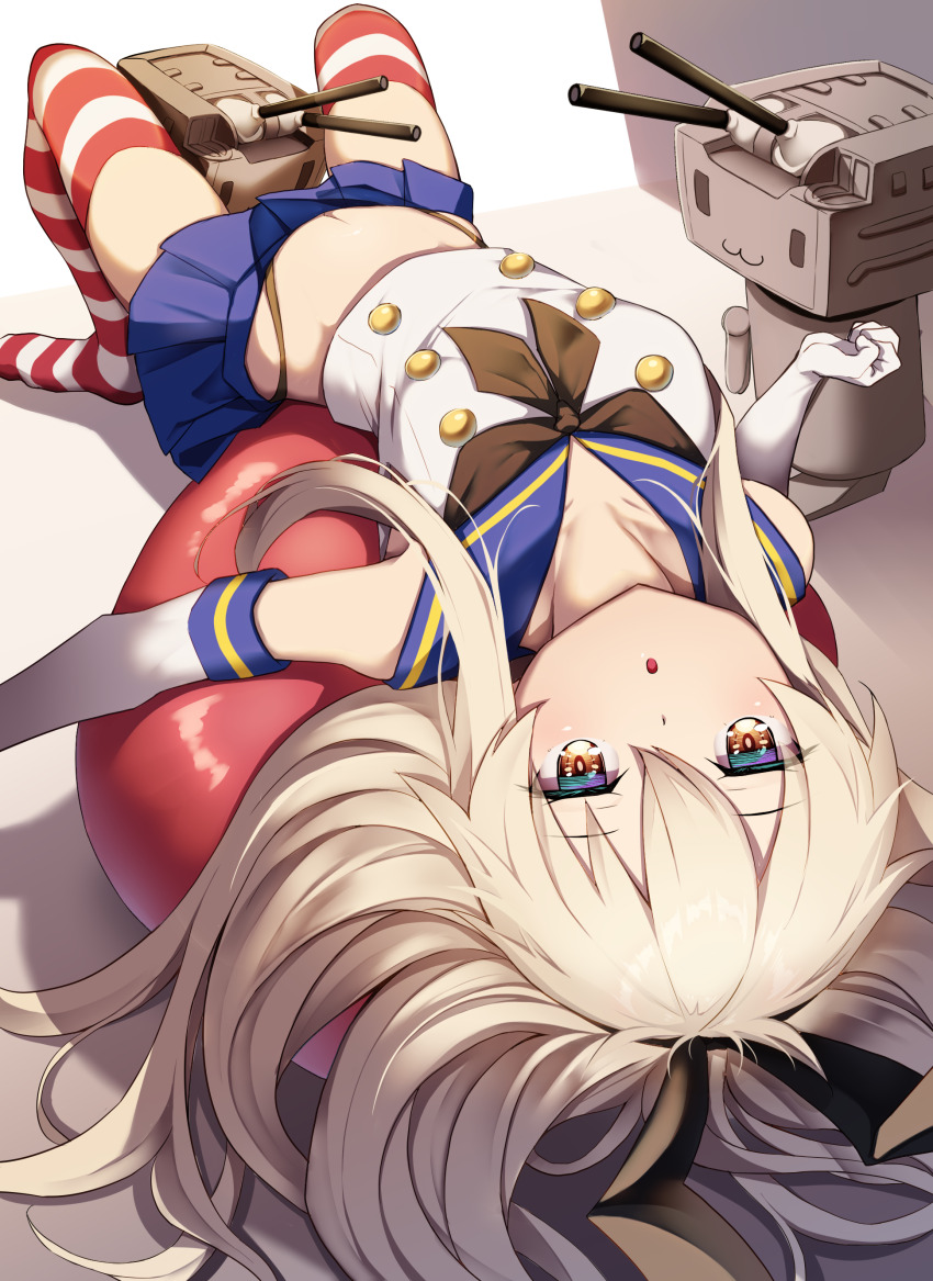 1girl absurdres anchor_hair_ornament black_neckerchief black_panties breasts brown_eyes creek_(moon-sky) elbow_gloves gloves hair_ornament hairband highleg highleg_panties highres horizontal-striped_thighhighs kantai_collection long_hair looking_at_viewer lying microskirt neckerchief on_back open_mouth panties rensouhou-chan sailor_collar shimakaze_(kancolle) skirt small_breasts striped_clothes striped_thighhighs thighhighs thong underwear very_long_hair white_gloves