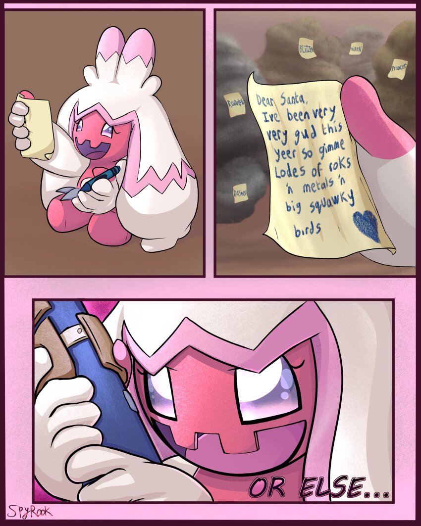1girl absurdres arm_up border christmas colored_skin comic crayon english_text engrish_text evil_smile female_focus flat_chest full_body happy heart highres holding holding_crayon holding_paper holding_weapon long_hair multicolored_hair multicolored_skin multiple_views nintendo note open_mouth outstretched_arm paper pink_border pink_hair pink_skin pokemon pokemon_(creature) purple_eyes ranguage sidelocks sitting smile spyrook streaked_hair talking tinkaton two-tone_hair two-tone_skin very_long_hair weapon white_hair white_skin