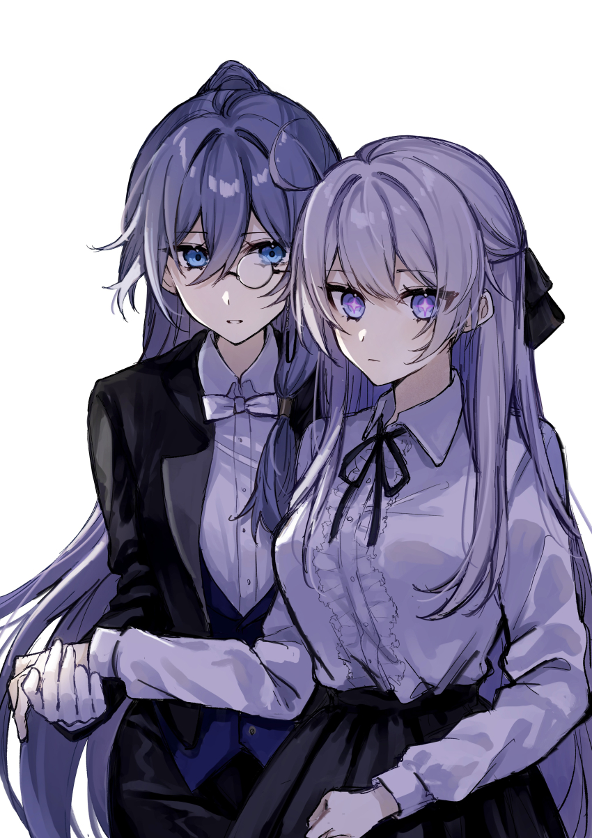 2girls absurdres alternate_costume black_bow black_bowtie black_jacket black_skirt blue_eyes bow bowtie collared_shirt commentary_request fu_hua grey_hair hair_between_eyes hair_bow high_ponytail highres holding_hands honkai_(series) honkai_impact_3rd jacket kiana_kaslana kiana_kaslana_(herrscher_of_finality) long_hair looking_at_viewer monocle multiple_girls ponytail purple_eyes rino_ebe shirt simple_background skirt very_long_hair vest waistcoat white_background white_bow white_bowtie white_hair white_shirt yuri