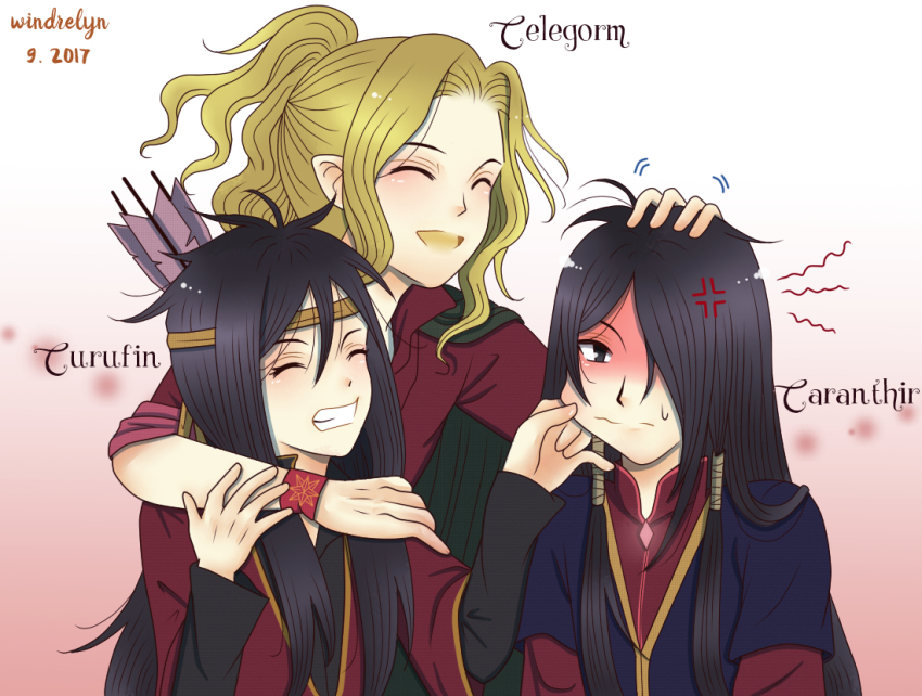 3boys annoyed arrow_(projectile) artist_name black_eyes black_hair blonde_hair blush bracelet brothers caranthir celegorm character_name closed_eyes closed_mouth collar curufin dated elf eyelashes hair_ornament headband headpat jewelry looking_at_viewer male_focus multiple_boys parted_bangs parted_lips pointy_ears prince quiver siblings smile sweat sweatdrop teeth the_silmarillion tolkien&#039;s_legendarium windrelyn
