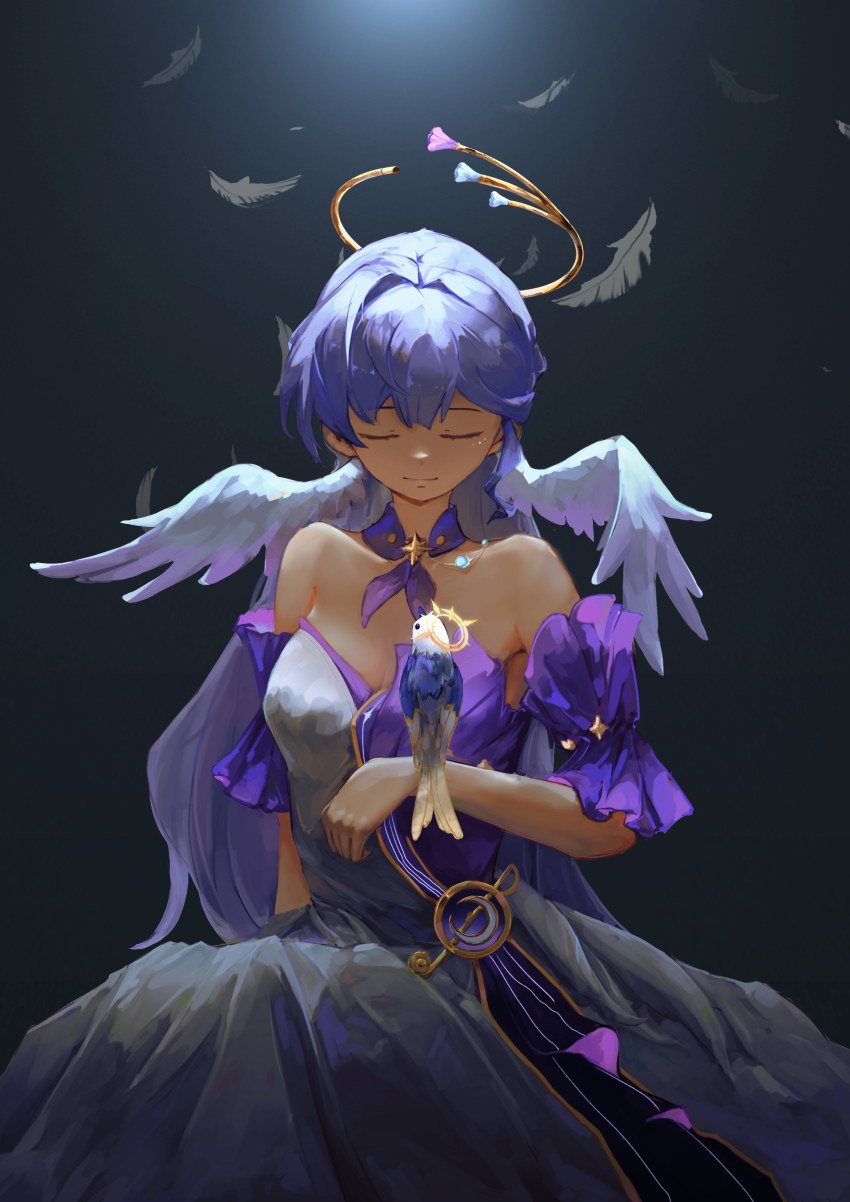 1girl absurdres animal_on_arm animalization bare_shoulders blue_hair breasts choker closed_eyes cowboy_shot detached_sleeves dress feathers head_wings highres honkai:_star_rail honkai_(series) long_hair medium_breasts purple_choker purple_dress robin_(honkai:_star_rail) short_sleeves standing strapless strapless_dress sunday_(honkai:_star_rail) two-tone_dress very_long_hair white_dress wings yingyingyingwobuyima