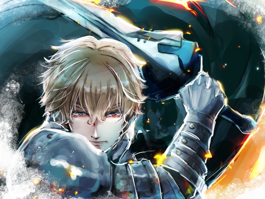 1boy armor blonde_hair blue_cape blue_eyes cape collared_cape excalibur_galatine_(fate) fate/extra fate/grand_order fate_(series) fur_collar gauntlets gawain_(fate) highres holding holding_sword holding_weapon knight knights_of_the_round_table_(fate) long_sleeves looking_at_viewer male_focus short_hair solo sword umikame upper_body weapon