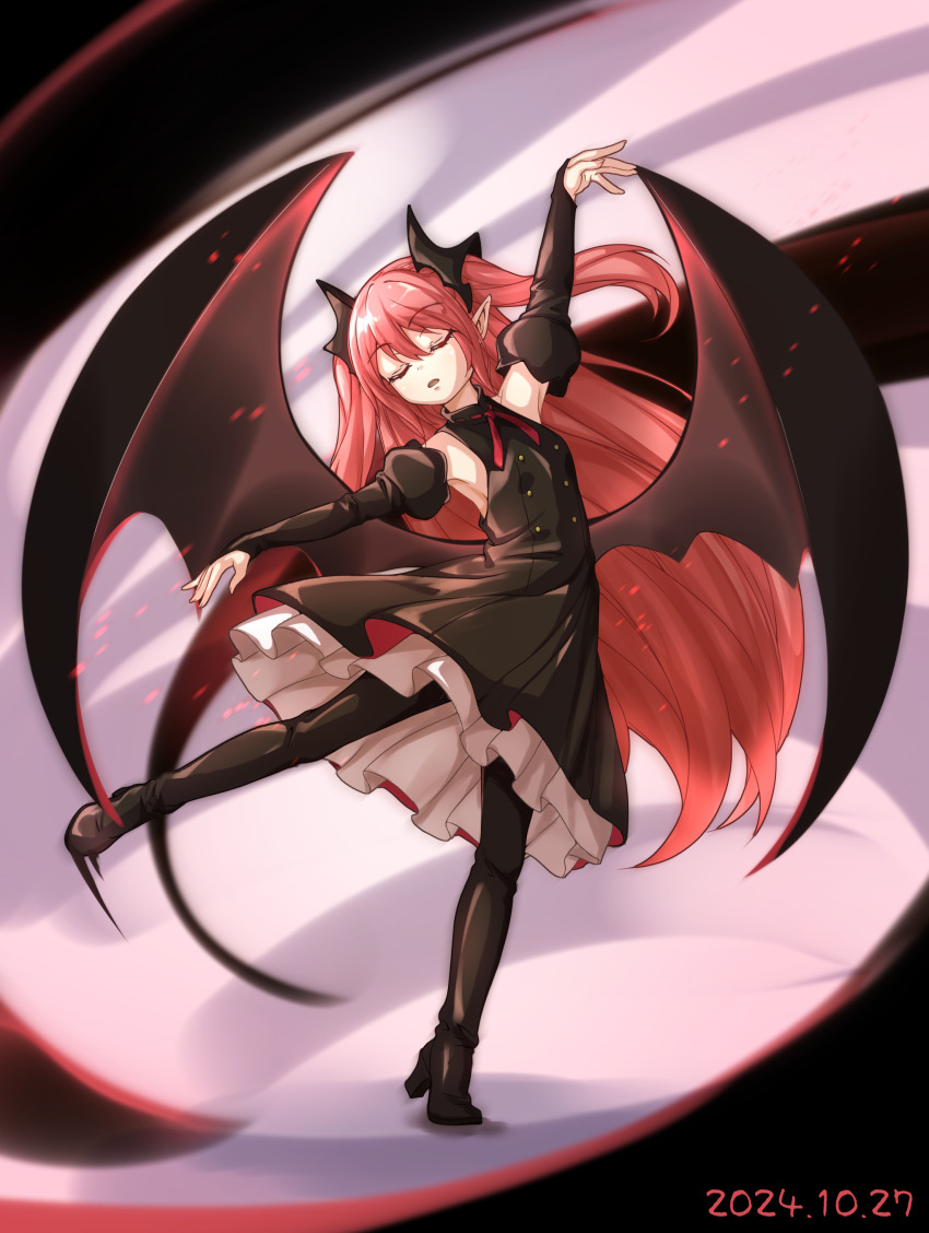 1girl 2024 absurdres arm_up black_boots black_dress black_sleeves black_wings boots buttons closed_eyes commentary dancing dated demon_wings detached_sleeves double-breasted dress full_body hair_between_eyes hair_ornament high_heel_boots high_heels highres juliet_sleeves krul_tepes kyuutou_(kyuutouryuu) layered_dress long_hair long_sleeves open_mouth outstretched_arms owari_no_seraph pointy_ears puffy_sleeves solo standing standing_on_one_leg thigh_boots turtleneck two_side_up vampire very_long_hair white_dress wings