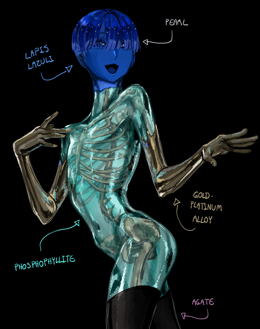 1other :d absurdres agate anatomy androgynous aqua_skin arrow_(symbol) black_background black_skin blue_eyes blue_hair blue_skin blunt_bangs bone bowl_cut colored_skin commentary completely_nude cowboy_shot english_commentary english_text from_side gem gold golden_arms hair_over_one_eye hands_up highres hip_bones houseki_no_kuni iciriini lapis_lazuli_(gemstone) looking_at_viewer looking_to_the_side multicolored_skin navel no_nipples nude open_mouth other_focus pearl_(gemstone) phosphophyllite phosphophyllite_(gemstone) phosphophyllite_(ll) ribs shiny_skin short_hair simple_background skeleton skinny smile spine spoilers translucent see-through_body x-ray