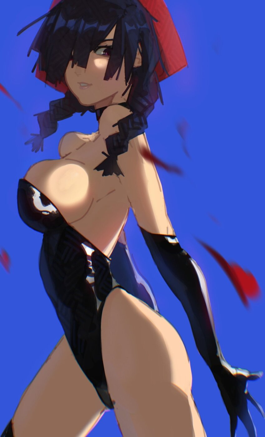 1girl black_gloves black_hair braid breasts elbow_gloves freakifier gloves hair_over_one_eye highres large_breasts leotard long_hair looking_at_viewer marvel marvel_rivals official_alternate_costume psylocke psylocke_(blood_kariudo) smile solo twin_braids x-men