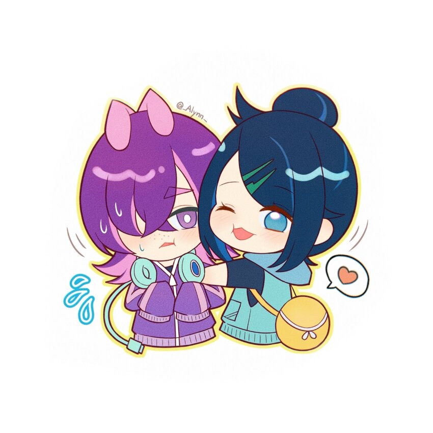 2girls ;d alynn610 antenna_hair arm_hug black_hair black_shirt blue_eyes blue_hair blue_hoodie chibi chibi_only colored_inner_hair dot_(pokemon) flying_sweatdrops freckles hair_ornament hair_over_one_eye hairclip headphones headphones_around_neck heart highres hood hood_down hoodie jacket liko_(pokemon) multicolored_hair multiple_girls nintendo one_eye_closed open_mouth pink_hair pokemon pokemon_(anime) pokemon_horizons purple_hair purple_jacket shirt sleeveless sleeveless_hoodie sleeves_past_fingers sleeves_past_wrists smile spoken_heart three-quarter_sleeves twitter_username two-tone_hair white_background