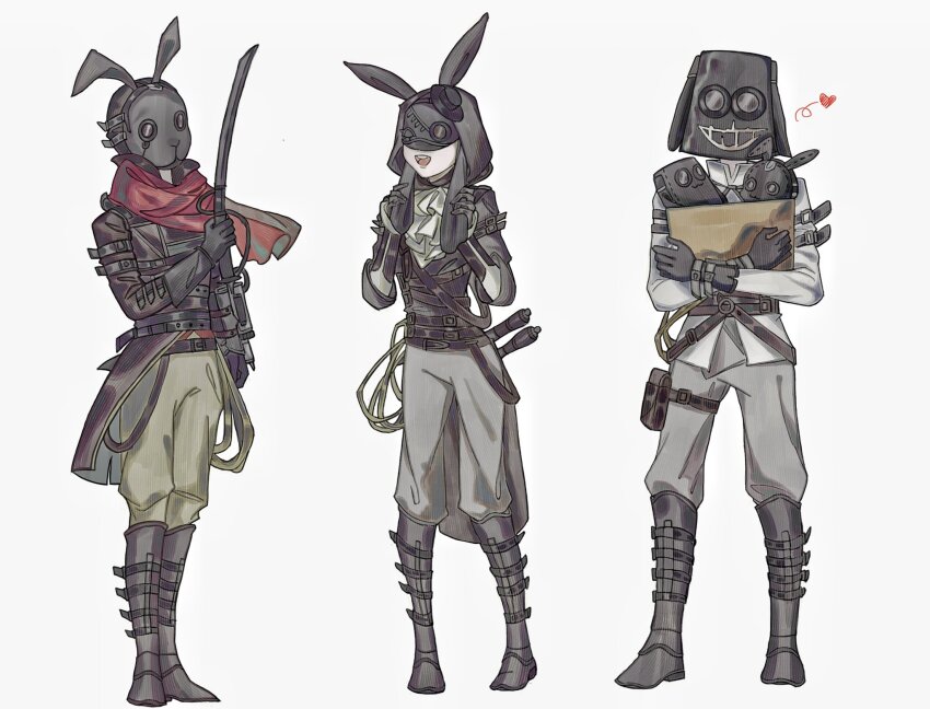 1girl 2boys :d animal_ears ascot bag battle_maniac_of_the_black_rabbit_brotherhood belt black_mask boots brown_coat coat commentary eccentric_of_the_black_rabbit_brotherhood fake_animal_ears full_body grey_pants heart highres holding holding_bag holding_sword holding_weapon lies_of_p liudongxx mask multiple_boys open_mouth pants paper_bag pouch rabbit_ears rabbit_mask red_scarf scarf simple_background smile standing sword teeth thigh_pouch upper_teeth_only weapon white_ascot white_background youngest_of_the_black_rabbit_brotherhood