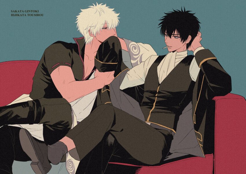 2boys arm_up ascot black_boots black_hair black_jacket black_pants black_shirt black_shoes black_vest blue_background boots cigarette closed_mouth collarbone collared_shirt commentary commentary_request couch crossed_legs gintama grey_shoes hadanugi_dousa hair_between_eyes hand_up highres hijikata_toushirou jacket japanese_clothes kimono long_sleeves male_focus mouth_hold multiple_boys off_shoulder on_couch open_clothes open_jacket open_kimono pants parted_lips profile red_eyes sakata_gintoki shirt shoe_soles shoes short_sleeves sitting sleeves_past_wrists smoking socks vest white_ascot white_hair white_kimono white_shirt wide_sleeves xi_hsi yaoi