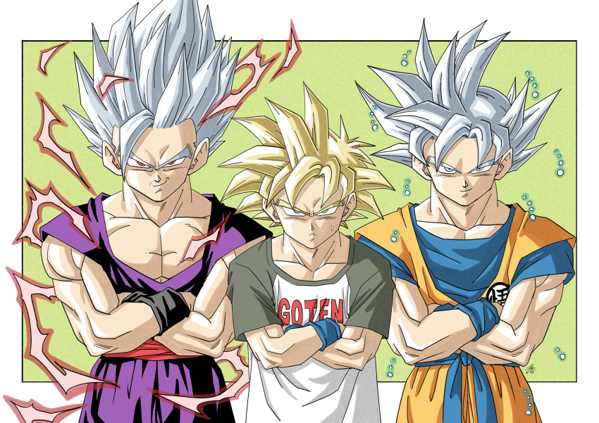 3boys aura blonde_hair blue_sash blue_shirt brothers character_name cowboy_shot crossed_arms dougi dragon_ball dragon_ball_super dragon_ball_super_super_hero dragonball_z electricity father_and_son forest_1988 goku_day green_background green_eyes grey_eyes grey_hair highres long_hair medium_hair multiple_boys muscular muscular_male orange_pants orange_shirt pants purple_pants purple_shirt red_eyes red_sash sash shirt siblings simple_background smirk son_gohan son_goku son_goten spiked_hair super_saiyan super_saiyan_1 ultra_instinct white_shirt
