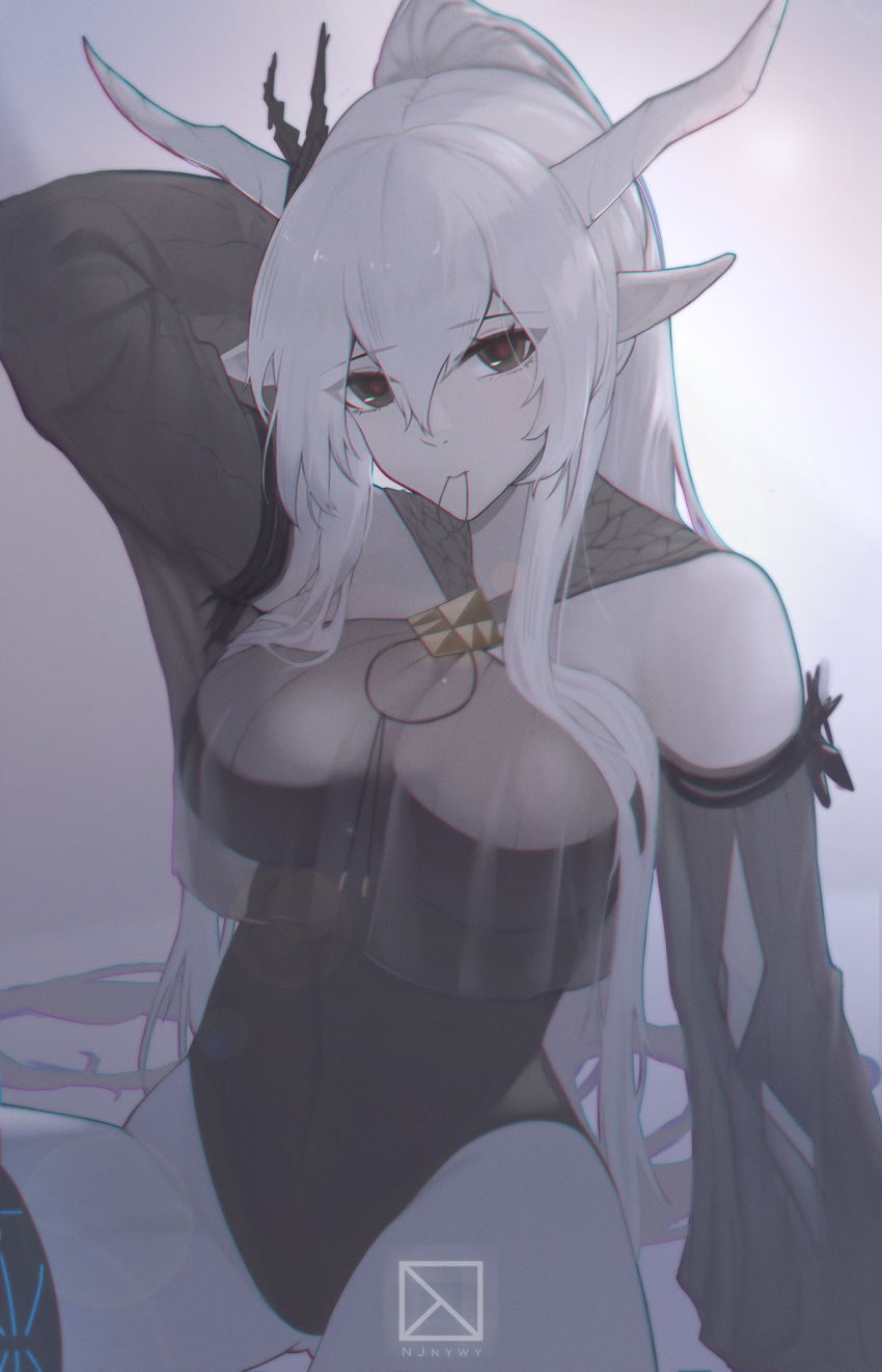 1girl arknights arm_up artist_name black_eyes black_one-piece_swimsuit breasts casual_one-piece_swimsuit closed_mouth detached_sleeves highres holding holding_own_hair horns large_breasts long_hair long_sleeves looking_at_viewer mouth_hold njnywy official_alternate_costume one-piece_swimsuit pointy_ears ponytail school_uniform shining_(arknights) shining_(silent_night)_(arknights) sitting smile solo swimsuit very_long_hair white_hair
