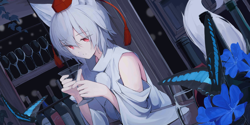 1girl :/ alcohol animal_ear_fluff animal_ears artist_name bare_shoulders blue_butterfly blue_flower bottle bug butterfly champagne closed_mouth commentary cup detached_sleeves drinking_glass english_commentary flower game_cg grey_hair hat highres holding holding_cup indoors insect inubashiri_momiji mikisai official_art pom_pom_(clothes) red_eyes red_hat shirt short_hair solo tail third-party_source tokin_hat touhou touhou_lostword white_shirt white_sleeves wine_bottle wine_glass wolf_ears wolf_girl wolf_tail