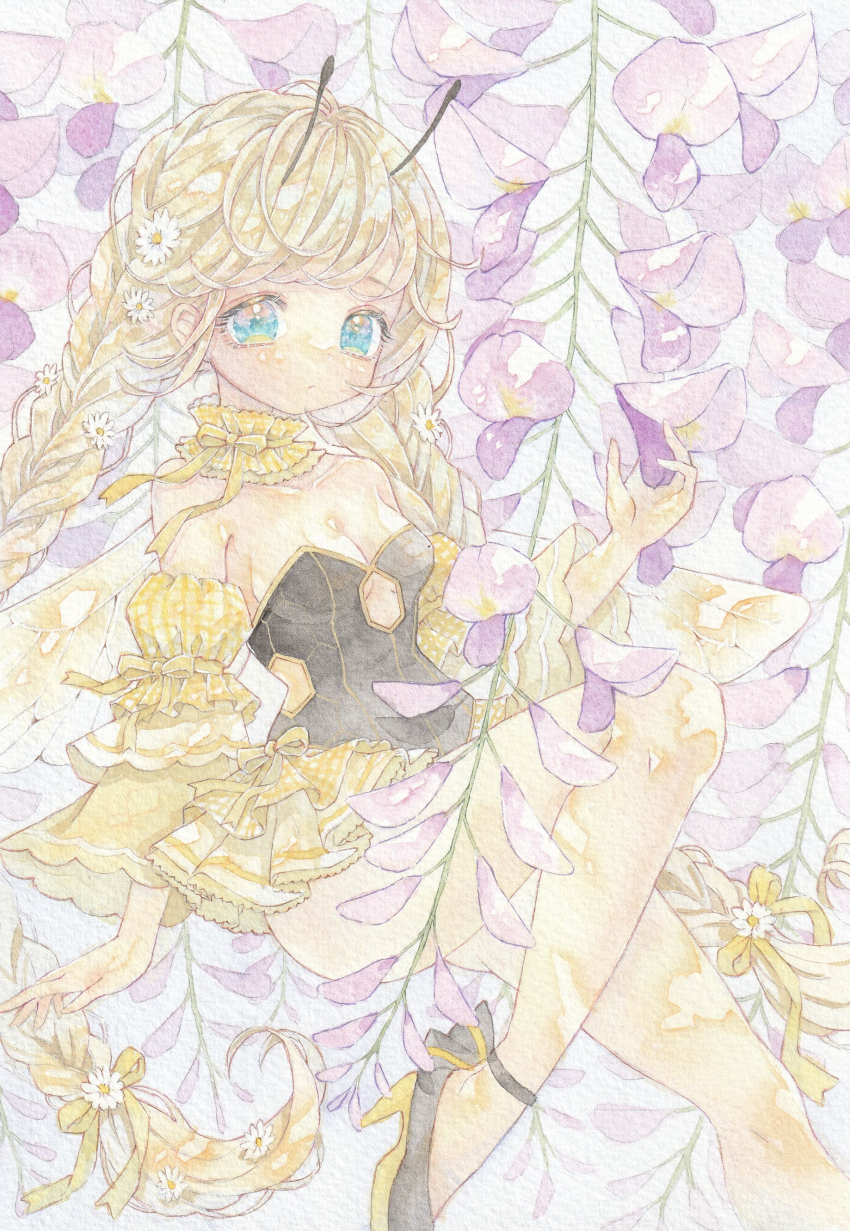 1girl absurdres amu_(m_aa) antennae aqua_eyes arthropod_girl bee_girl bee_wings black_shoes blonde_hair braid breasts closed_mouth clothing_cutout commentary_request daisy_(flower) detached_sleeves expressionless flower foot_out_of_frame hair_ribbon high_heels highres insect_girl insect_wings long_hair neck_garter original painting_(medium) purple_flower ribbon shoes small_breasts solo thighs traditional_media twin_braids underboob_cutout very_long_hair watercolor_(medium) white_flower wings wisteria yellow_ribbon yellow_sleeves