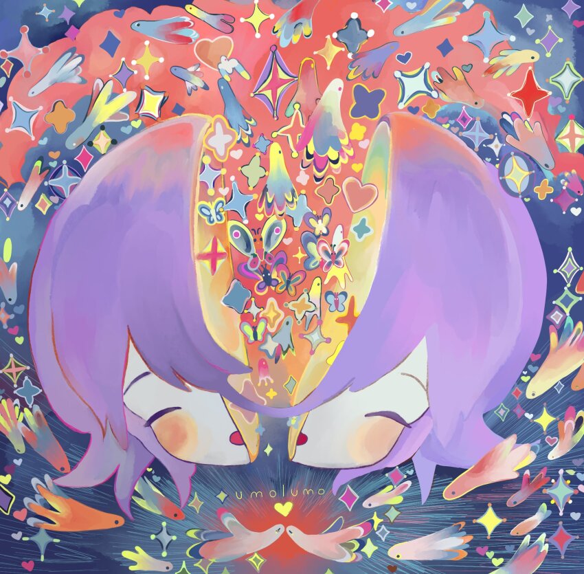 1boy blush bug butterfly closed_eyes commentary danganronpa_(series) danganronpa_v3:_killing_harmony fish flipped_hair hair_between_eyes highres insect kikuo kikuo_(style) male_focus oma_kokichi open_mouth parody portrait purple_hair short_hair smile sparkle split_head star_(symbol) style_parody um0lumo
