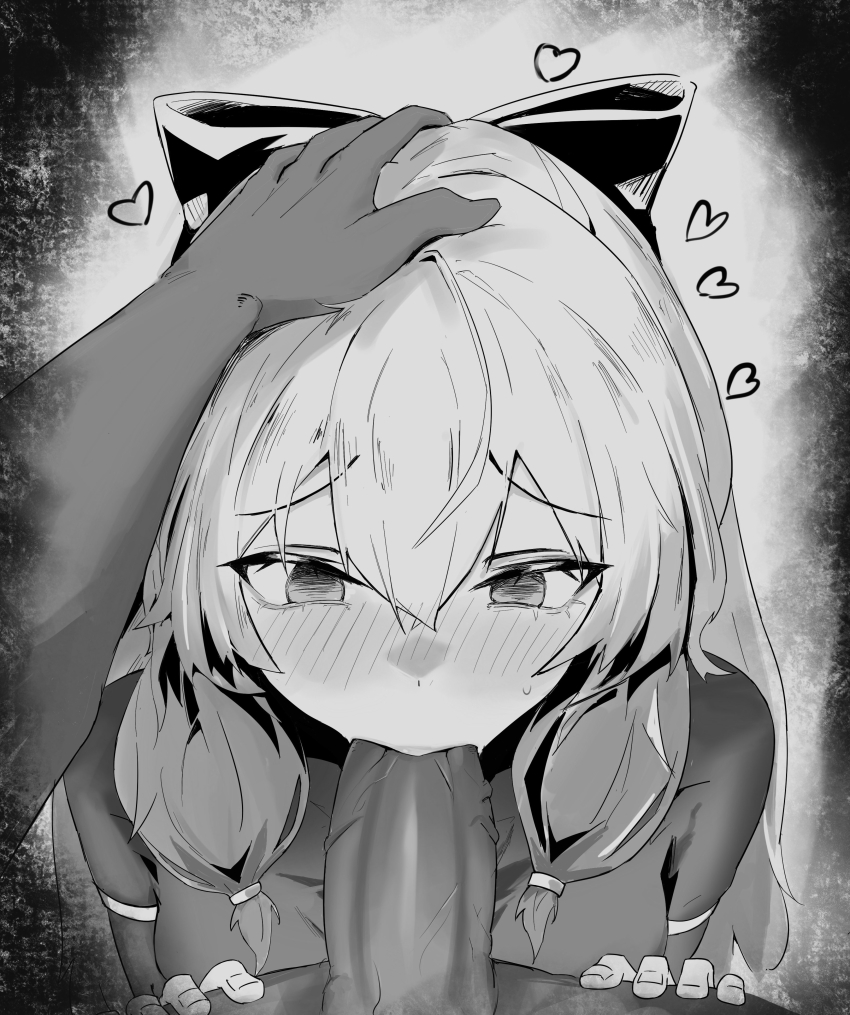 1girl absurdres brown_dust_(series) brown_dust_2 fellatio highres liberta_(brown_dust_2) liberta_(dark_saintess)_(brown_dust_2) long_hair monochrome nun open_mouth oral solo ye_yue